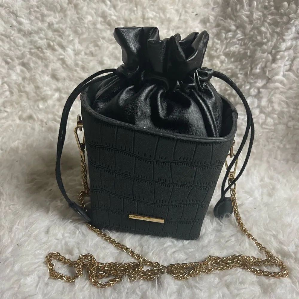 Box bag synthetic leather drawstring crossbody bag gold tone hardwares & Strap